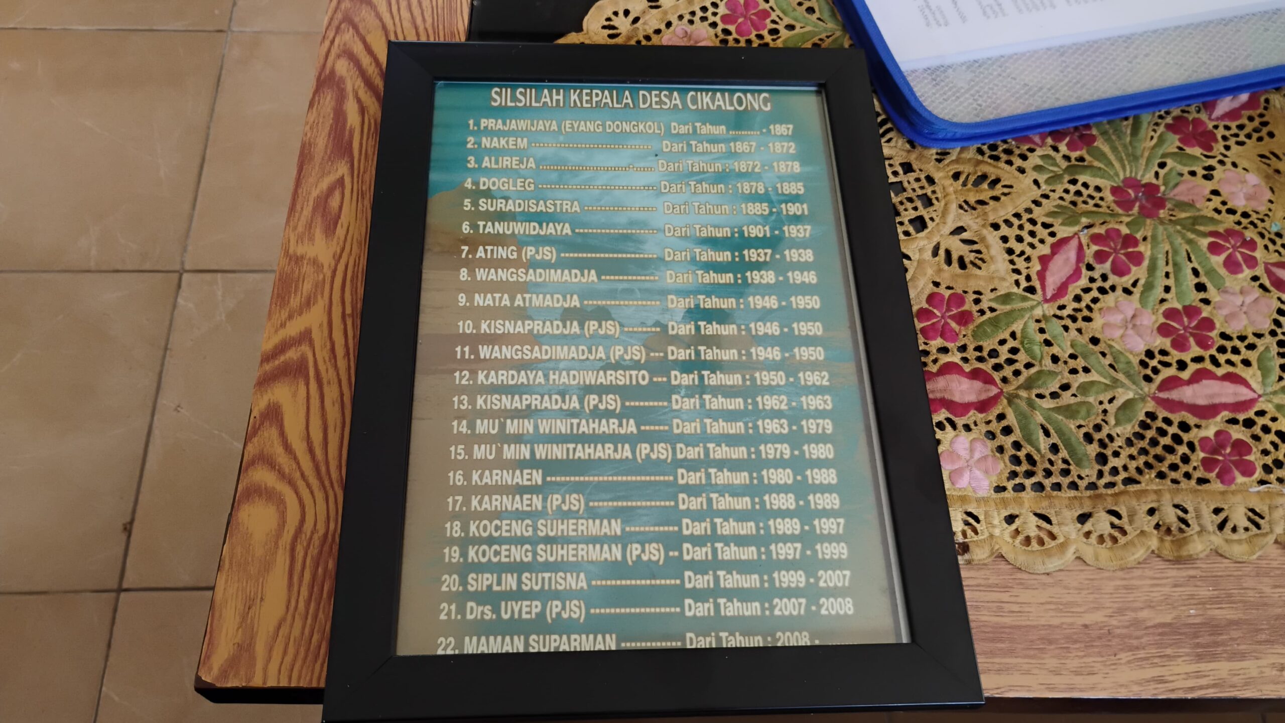 Silsilah pemerintahan Desa Cikalong terpampang sebagai catatan sejarah perjalanan kepemimpinan desa dari generasi ke generasi. Foto : Agit/ Inakor